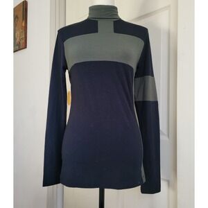 ANATOMIE Turtleneck Long Sleeve Colorblock Top Black Olive Green Medium Stretch